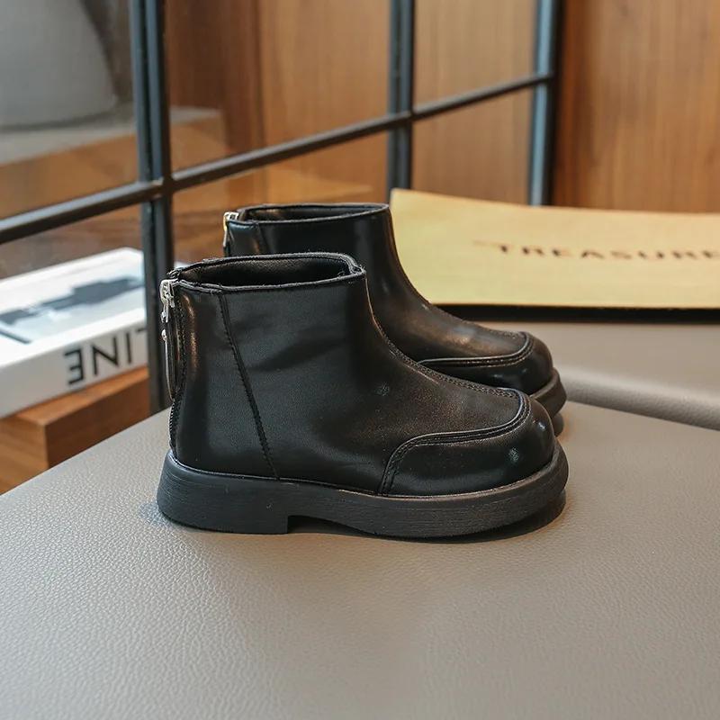 New Children Platform Ankle Boots Solid Color Causal Girls Spring Autumn Leather Boots Fashion Versatile Kids Black Short Boots