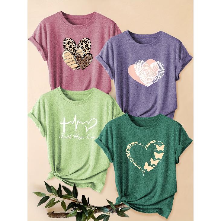 Four-piece set of women's heart-patterned short-sleeve shirts Leopard print hollow-out pink heart ECG print round-neck summer dress T Shirt Suitable