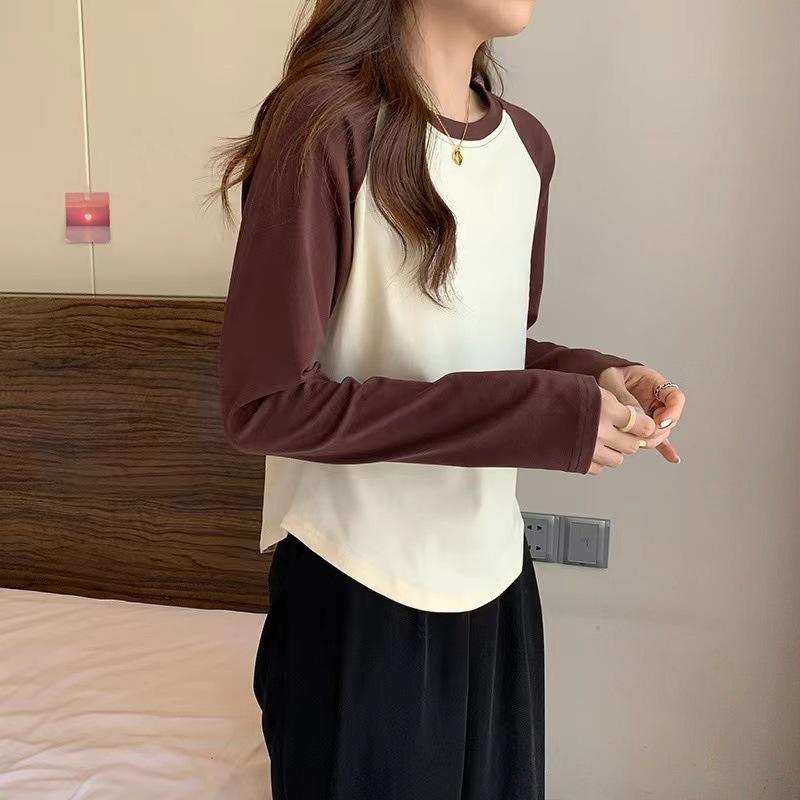 Women Slim Fit Contrast Color Raglan Long Sleeve Casual T Shirt