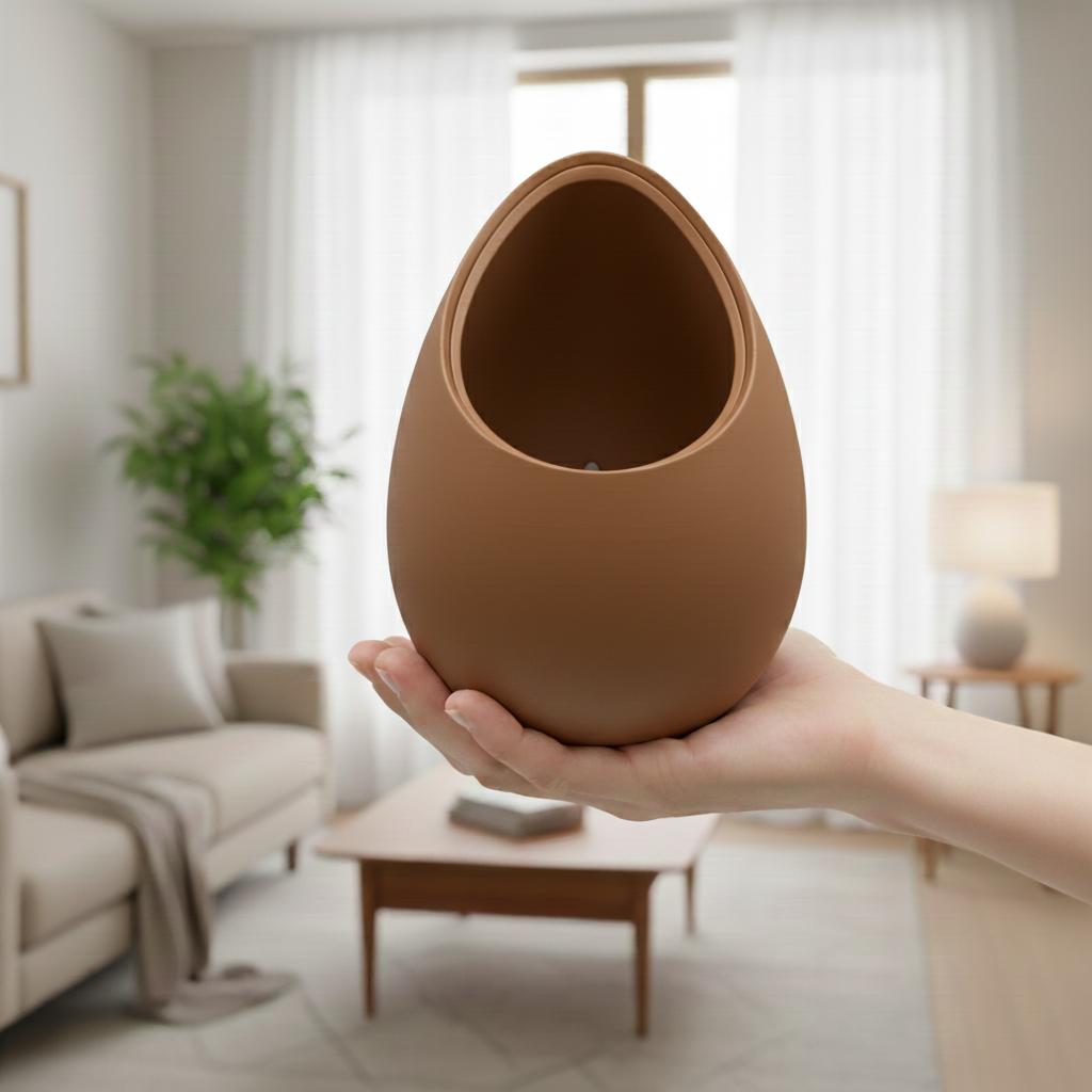 A modern, decorative brown plant pot in the shape of a nest for plants.