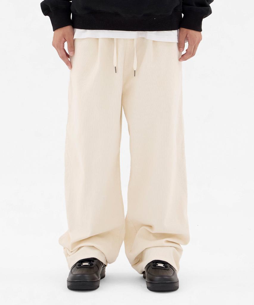 URBANAGE Corduroy Single-Pleat Wide Elastic Pants_Ivory