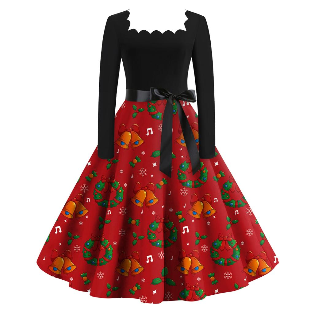 Женское модное ретро вечернее платье с длинным рукавом, квадратным вырезом и рождественским принтом