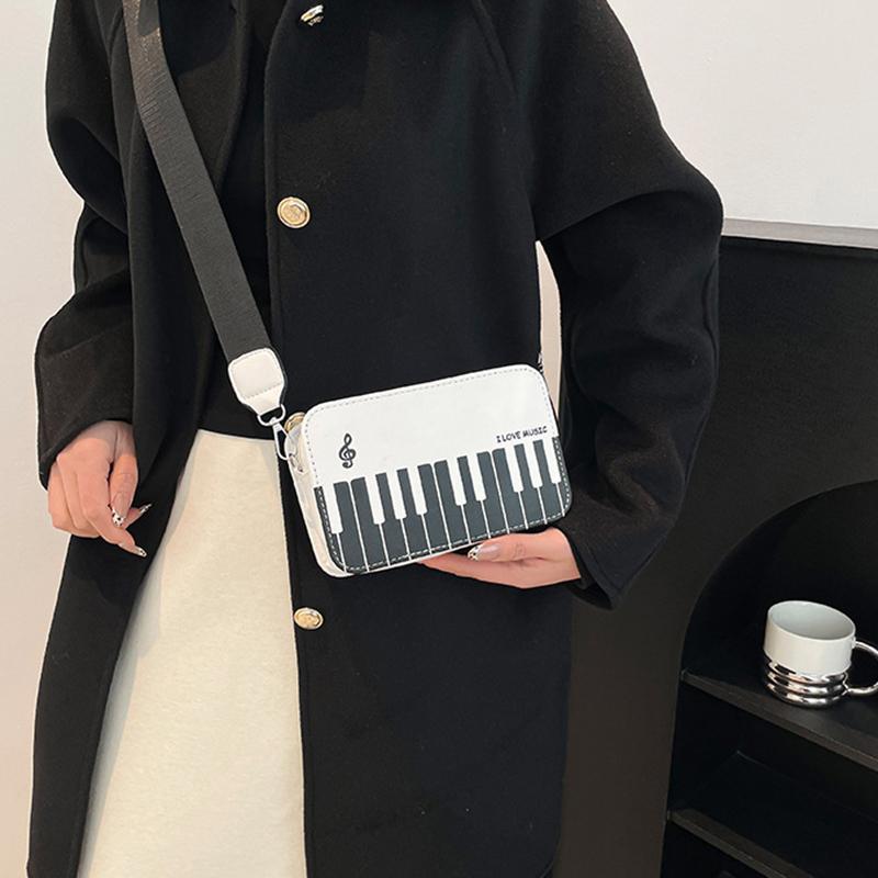 Piano Keys Black and White Sling Bag Contrast Color Casual Square Bag Ladies Travel Shopping Commute Date Bag KTY