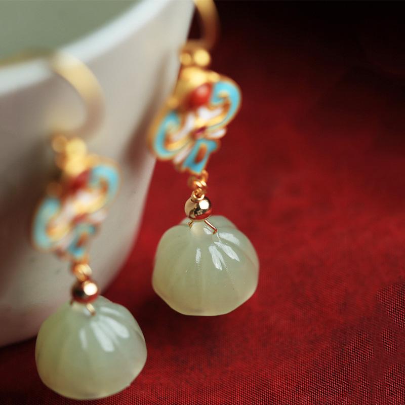 Старинное золотое ремесло, изысканный стиль, натуральный хетайский нефрит, лотос, эмаль, серьги для женщин, изысканные винтажные серьги-подвески