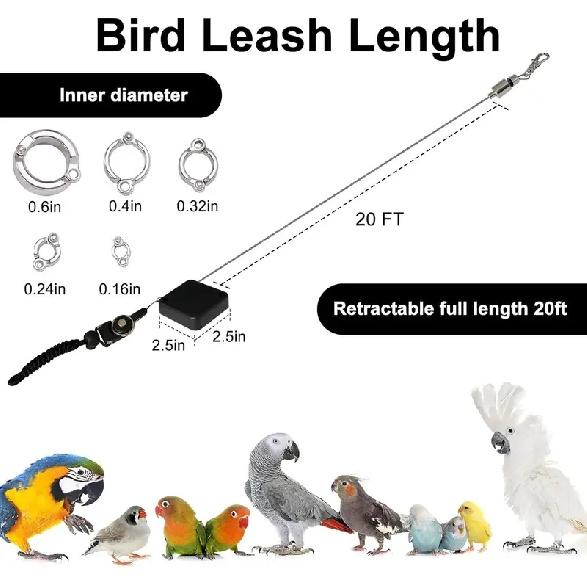 Retractable Bird Leash Parrot Flying Rope Anti-Bite Wire Rope Parrot Leash With 5pcs Alloy Foot Rings For Budgies Cockatiels Ect