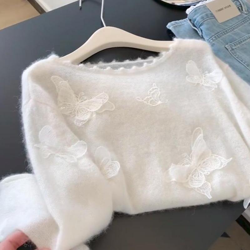 Белый вязаный свитер женский осенний с чувством дизайна рубашка с длинным рукавом топ