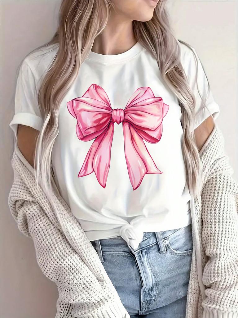 Women's Casual Short Sleeve T-Shirt with Elegant Pink Bow Graphic Print Summer Short sleeved Harajuku streetwear Tops Tees