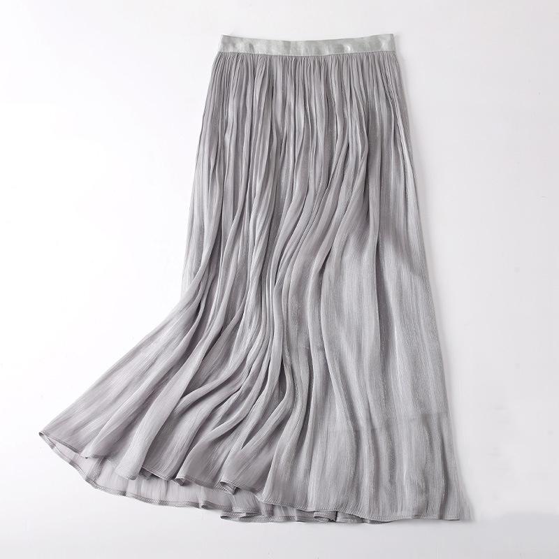 Qooth Women Gentle Solid Color Pleated Skirt Casual Elastic Waist Colorful A-line Skirt For Spring Summer QT2416