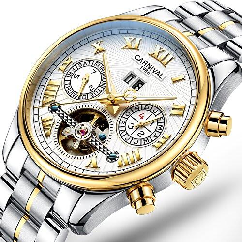 Carnival Men's Automatic Mechanical Wristwatch with Calendar (Gold, Silver, and White)