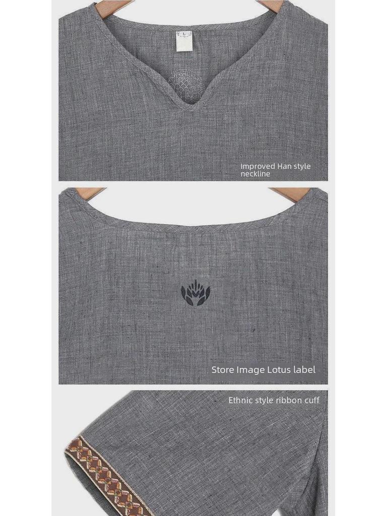 Мужская летняя корейская футболка из хлопка и льна с V-образным вырезом и коротким рукавом — дышащая, универсальная, модная, с коротким рукавом для больших размеров