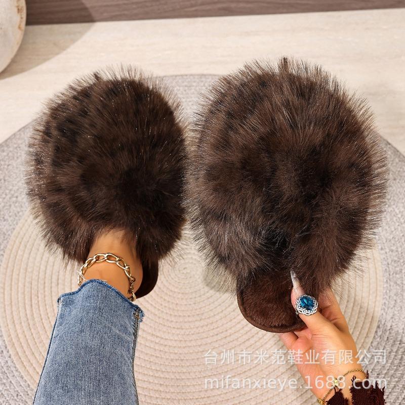 Leopard print long hair bag head warm cotton slippers women's fluffy hair slippers
