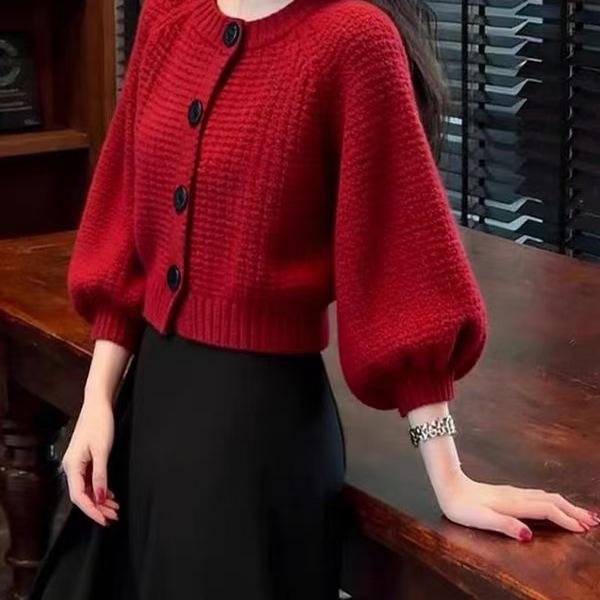 Women's Red Lantern Sleeve Cardigan: New Year Autumn/Winter Loose Knit Sweater Top