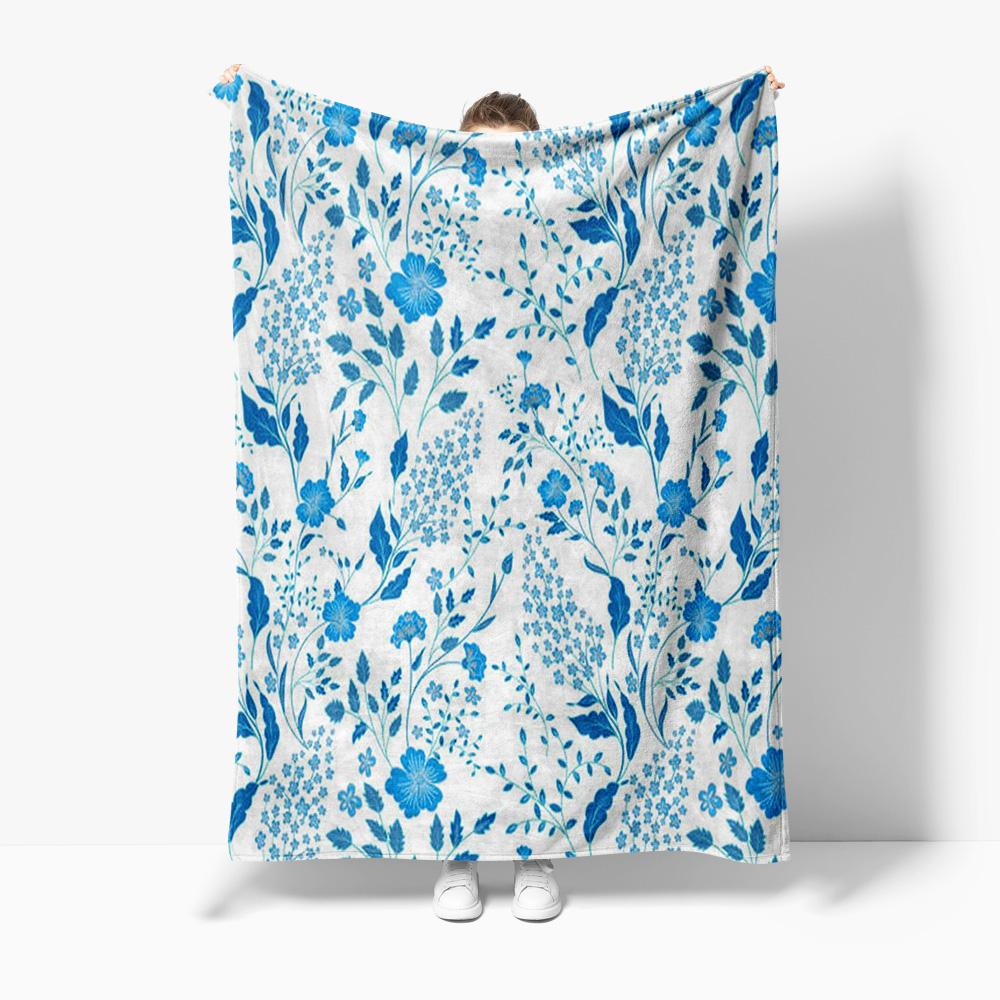 Floral Blue Pattern Fleece Blanket Soft Warm Throw Bed Sofa Cover Decorative Gift