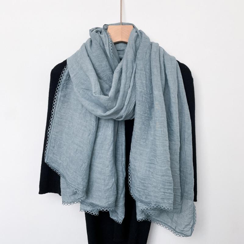 Spring New Lace Pleated Literary Yarn Thin Scarf, Women's Solid Color Cotton and Linen Silk Scarf, Neck Protection Scarf