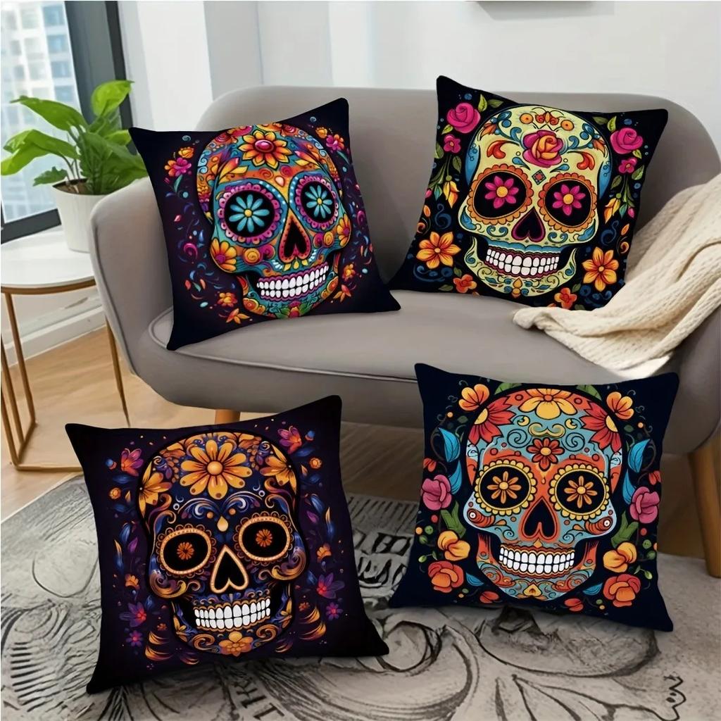Spooky Halloween Pillow Covers 45x45cm - Colorful Sugar Skull Printed Cushion Cases, Pillow Cover for Sofa Living Room