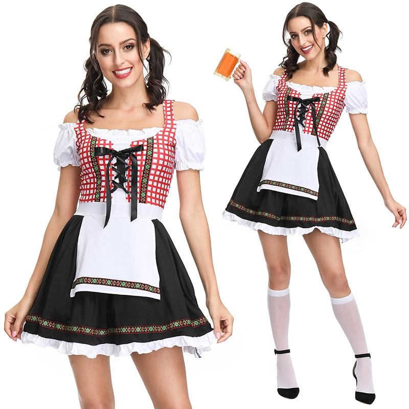 Elegant Bavarian Dirndl Dress For Women Featuring Off-shoulder Puff Sleeves Perfect For Oktoberfest Celebrations