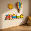 Sun Rainbow Cloud Wall Art 4Pcs Cartoon Train Hot Air Balloon 3D Wooden Decor, Colorful Kids Playroom Decor Room Wood Hanging, Nursery Educational