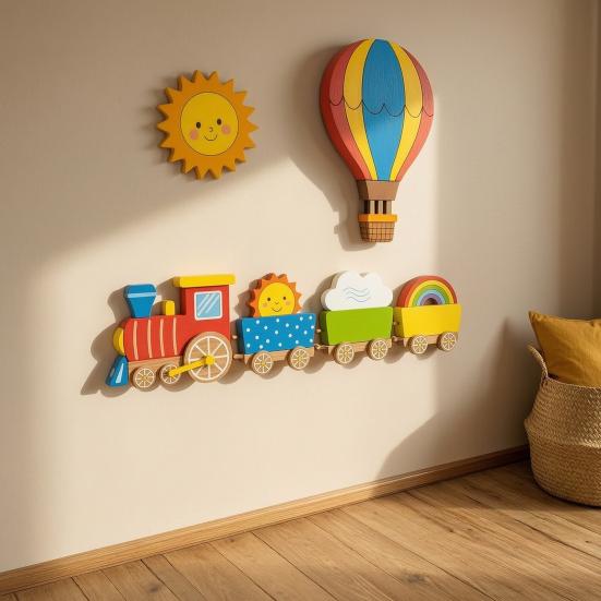 Sun Rainbow Cloud Wall Art 4Pcs Cartoon Train Hot Air Balloon 3D Wooden Decor, Colorful Kids Playroom Decor Room Wood Hanging, Nursery Educational