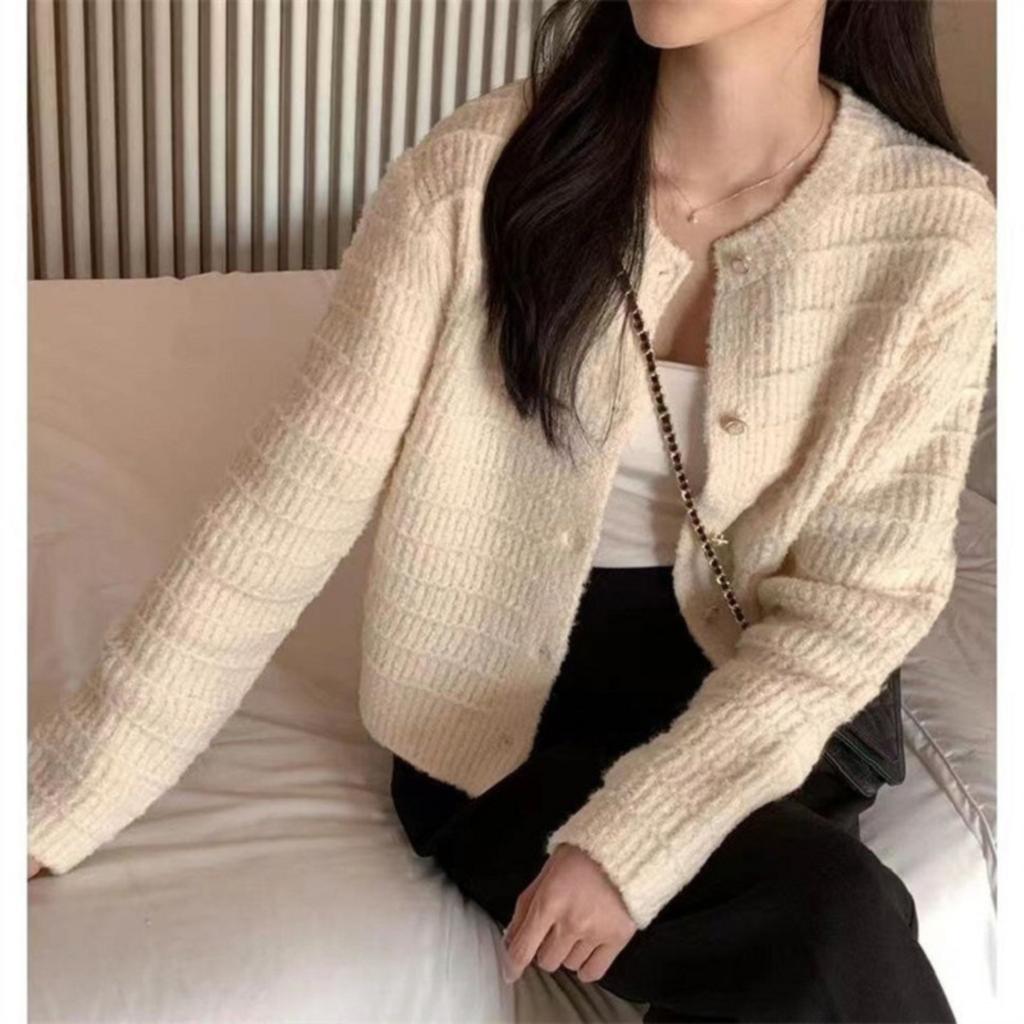 Knit Cardigan Women French Retro Style Textured Button Up Sweater Lightweight Autumn Outerwear Student Casual Small Fragrance Design