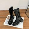 2025 зима новые сапоги-рыцари с длинным голенищем до колена на толстой подошве, сапоги крутые женские сапоги с ремешком с пряжкой, сапоги в стиле ретро, корейская версия
