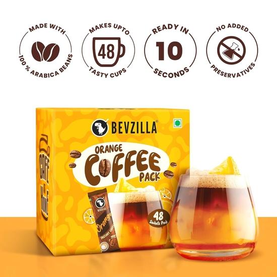 Bevzilla 48 пакетиков растворимого кофе (оранжевый) - 96 грамм | На 48 чашек | Кофе Арабика | Лучший для эспрессо, латте, капучино |
