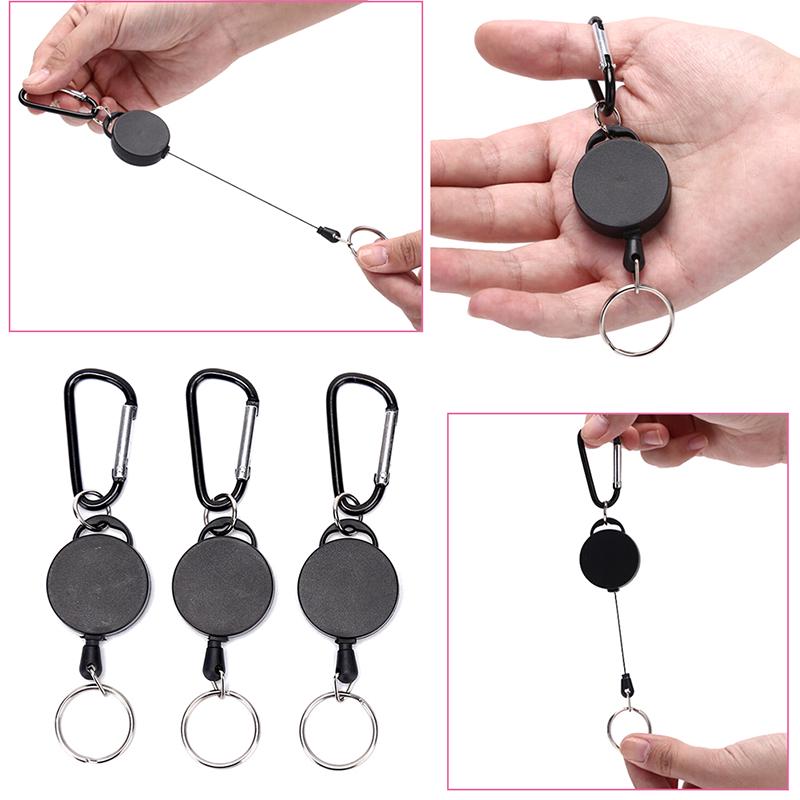 Black Retractable Key Chain Reel Steel Cord Recoil Belt Key Ring Badge Holder