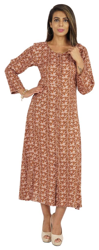 Bimba Printed Maxi Dress For Women Front Button Placket Ethnic Dress Casual Rayon