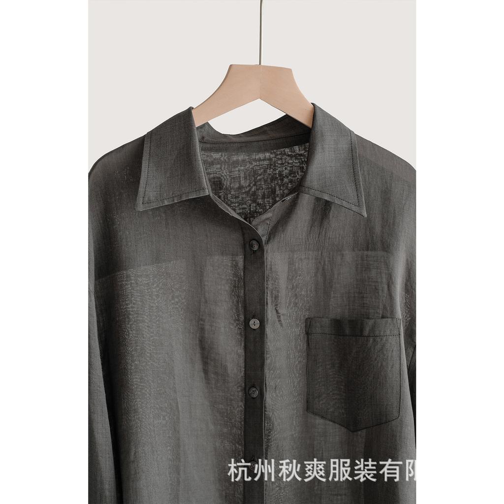 Spring and summer new long-sleeved top versatile casual minimalist new Chinese plain color pure ramie shirt sunscreen jacket women