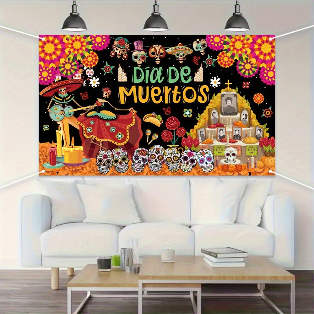 1PCS Day of the Dead Banner - Mexican Day of the Dead Polyester Hanging Decoration with Skull Marigold and Skull Patterns