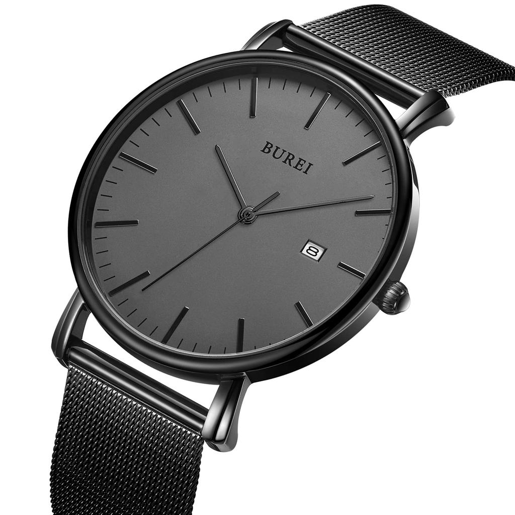 BUREI Men's Analog Quartz Watch, Waterproof, Date Display, Black, Popular Brand, Simple and Stylish Business Watch with Milanese Mesh Strap