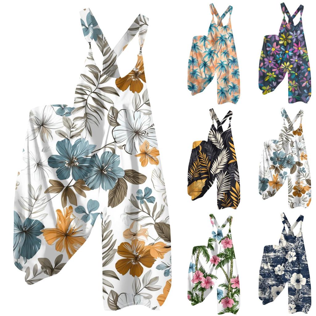 Women's Summer Overalls Floral Print Vintage Jumpsuit (Non-Adjustable Straps)