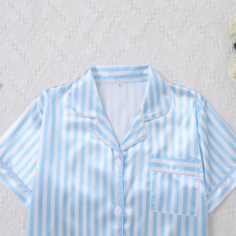 Женский пижамный комплект в полоску из сатина: Кардиган с коротким рукавом и шорты с эластичным поясом