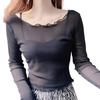 Kopi Women’s See-Through Mesh Sheer Top, Long Sleeve Layered Inner Shirt, Lightweight Tulle Pullover, Black, One Size
