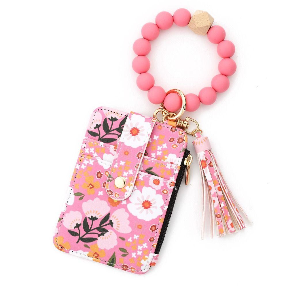 Boho Style Silicone Bead Bracelet Keychain Fragmented Design Leather Card Bag Keychain Travel