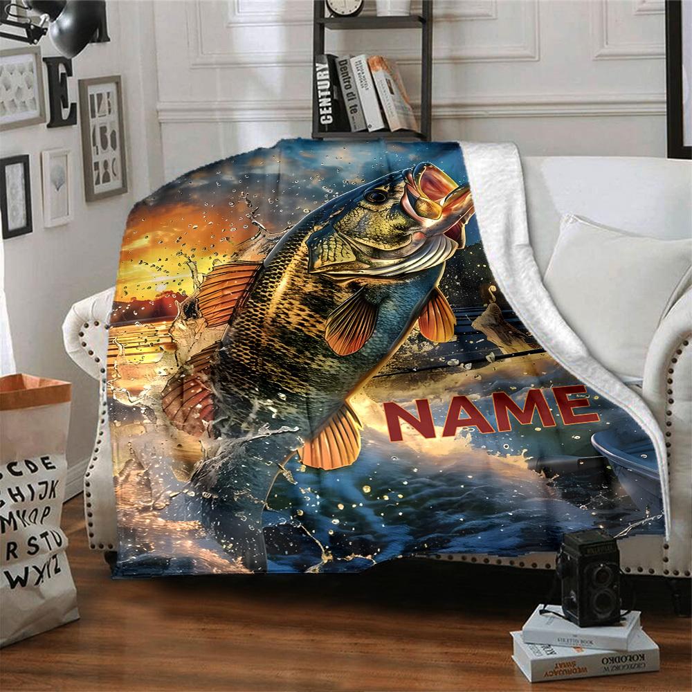 Largemouth Bass Jumping Out Of Water At Sunset Cozy Personalized Blanket Customize Your Name Warmthful Decor Great For Sofa Couch Office Bed Picnics
