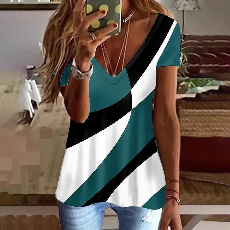 Летний топ с V-образным вырезом и 3D-принтом, модные повседневные женские футболки с короткими рукавами