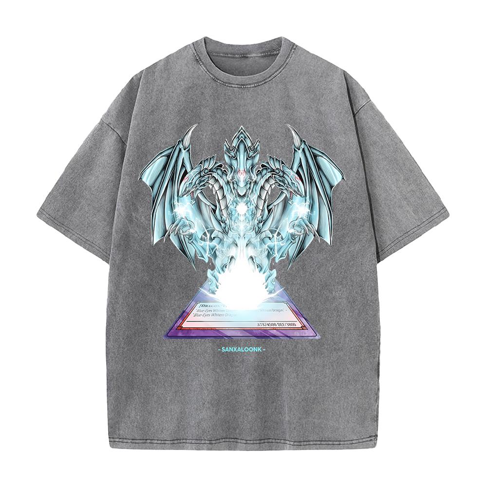 Anime YuGiOh Tshirt BlueEyes White Dragon Washed Yk T Shirt Mens Clothing Summer Short Sleeve Loose Cotton Soft Tees Tops
