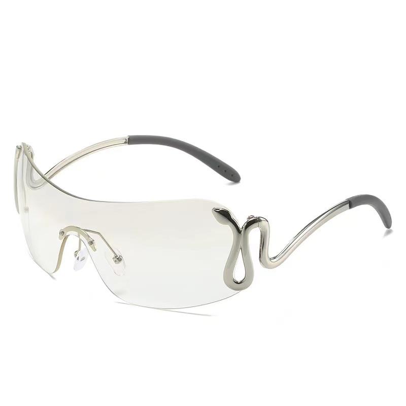 New style of seamless, one-piece metal frameless sunglasses, featuring a European and American design with a unique snake motif, fashionable tinted