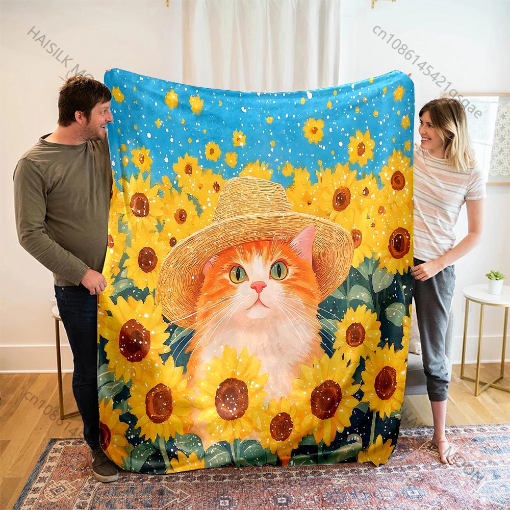 1PC Dreamy Sunflower Cat Print Adult Children Warm Blankets Home Travel Car Soft and Comfortable Suitable for all seasons