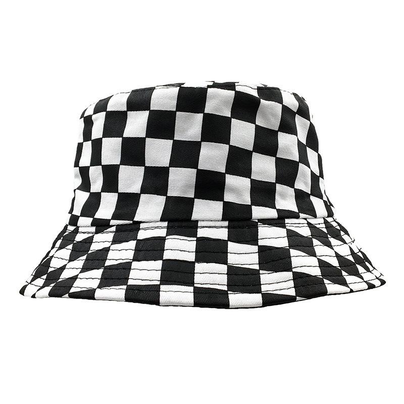 Popular black and white plaid bucket hat men and women street versatile sun hat foldable spring and summer basin hat