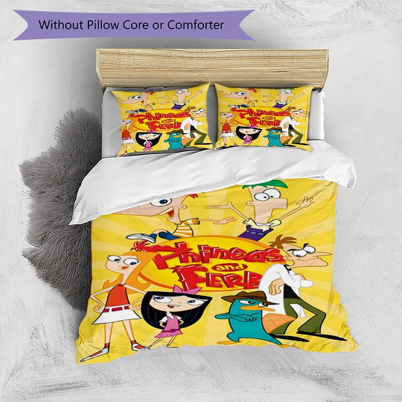 3pcs Phineas and Ferb5 Design Cover Set - HD Printed Bedding with 1 Cover and 2 Pillowcases - Perfect for Home and Dorm Decor