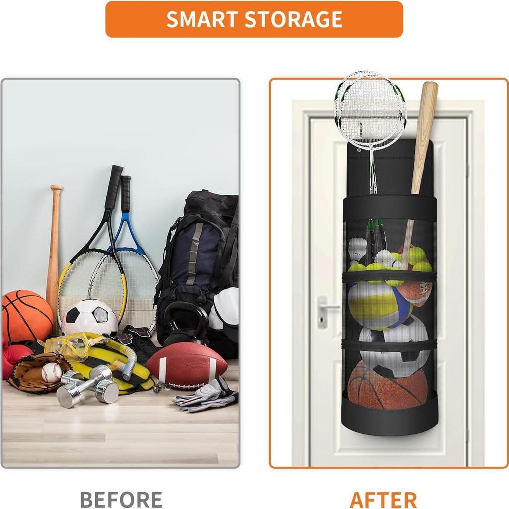 Over The Door Hanging Sports Equipment Organizer with Metal Hook Ball Storage for Basketball Football Volleyball Tennis Toy