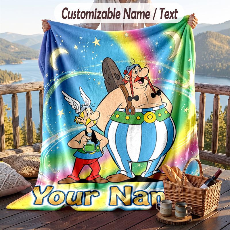 Asterix & Obelix Flannel Blanket, Personalized Custom Name Text, Soft Warm Plush Throw Blanket For Gift