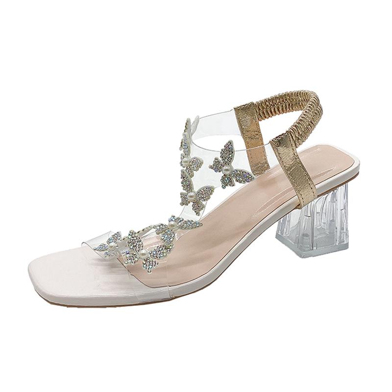 Модные женские босоножки со стразами 2025 Летняя мода Универсальная уличная женская обувь на высоком каблуке Элегантная женская обувь большого размера для официальных мероприятий