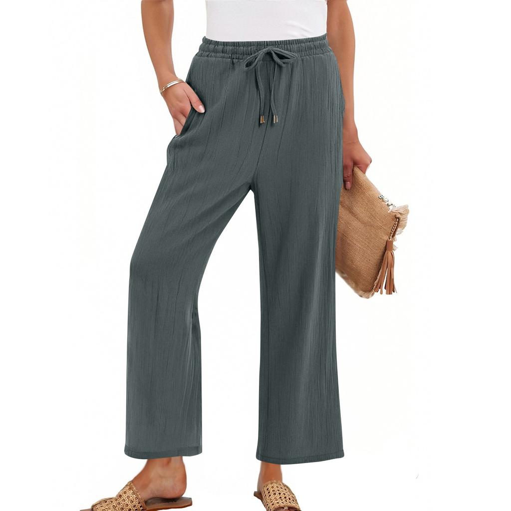 Women's High Waist Adjustable Knot Flowy Cotton And Linen Trousers Wide Leg Pants