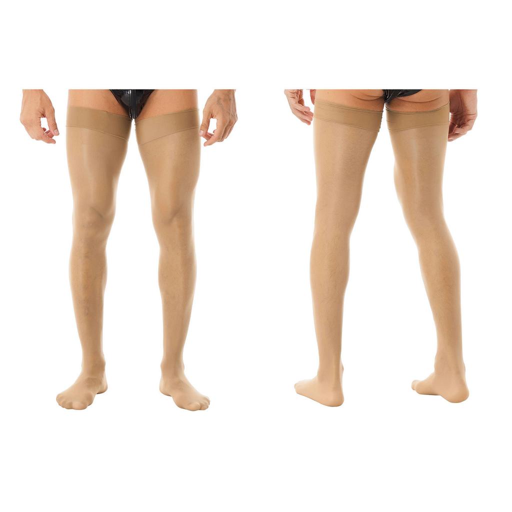 Men Glossy See-through Stockings Thin Shiny Solid Color Stretchy Sheer Thigh High Socks