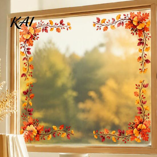 Maple Leaf Window Stickers Harvest Festival Static Glass Sticker, Autumn Clings with Leaves Sunflowers And Fall Decorations Berries Prints,