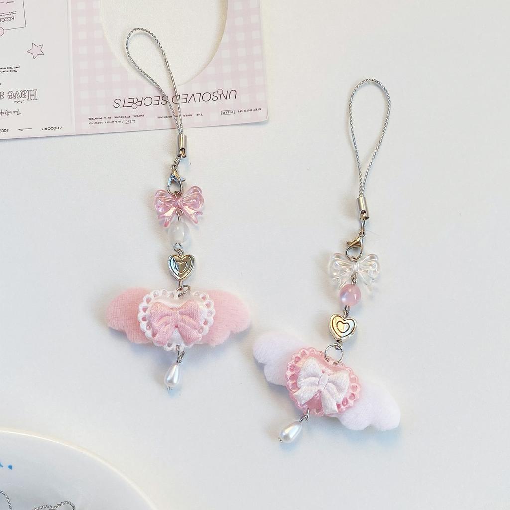 Милый розовый меховой брелок-подвеска для телефона в виде крыла ангела с бантом, уникальное украшение для сумки для девочек, аксессуары в стиле лолиты