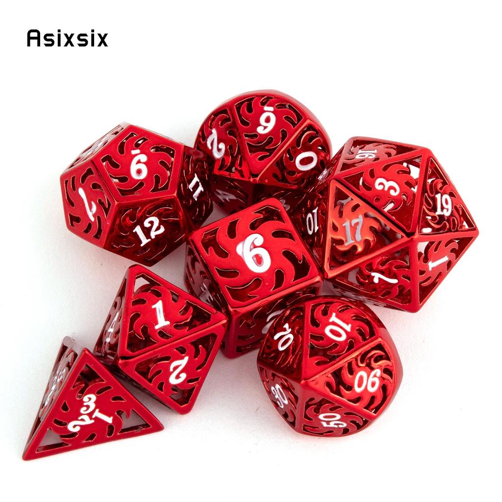 7 Pcs White Red Rotary Windmill Metal Dice Hollow Metal Polyhedral Dice Set Suitable for Role-Playing RPG Board Game Card Game