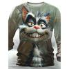 Funny Animal T-Shirts Retro Men 3D Printing Street Casual Daily Gray Long Sleeved Round Neck Shirt Spring and Autumn Clothing